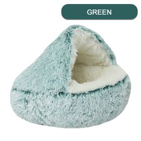 Luxurious Plush Round Cat Bed Cat Bed Round Soft Plush Burrowing Cave Hooded Cat Bed Donut For Dogs Cats - Semi-Enclosed For Cozy Warmth (Color: Green, Size: 80cm)