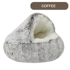 Luxurious Plush Round Cat Bed Cat Bed Round Soft Plush Burrowing Cave Hooded Cat Bed Donut For Dogs Cats - Semi-Enclosed For Cozy Warmth (Color: Coffee, Size: 60cm)