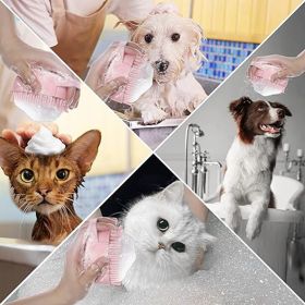 Dog Cat Bath Brush Comb Silicone Rubber Dog Puppy Massage Brush Hair Fur Grooming Cleaning Brush Soft Shampoo Dispenser (Colour: Pink)