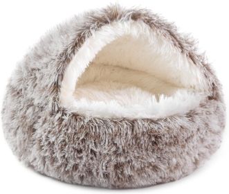 Cat Bed Round Soft Plush Burrowing Cave Hooded Cat Bed Donut for Dogs & Cats, Faux Fur Cuddler Round Comfortable Self Warming pet Bed (Color: Beige, Size: 23.5'' for cat up to 22lbs)