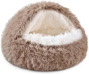 Cat Bed Round Soft Plush Burrowing Cave Hooded Cat Bed Donut for Dogs & Cats, Faux Fur Cuddler Round Comfortable Self Warming pet Bed (Color: Brown, Size: 23.5'' for cat up to 22lbs)